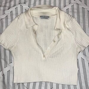 UO Button Up Short Sleeve Ribbed Crop Top